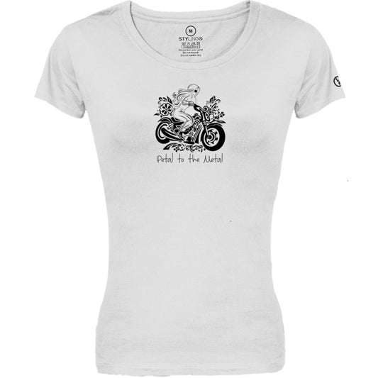 Biker T-Shirt - Ladies - Short Sleeve - Petal to the Metal - White