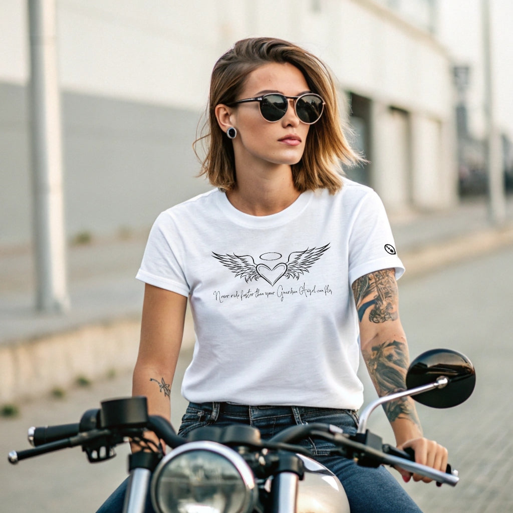 Ladies T-Shirt - Short Sleeve - Never Ride Faster than your Guardian Angel can Fly - White