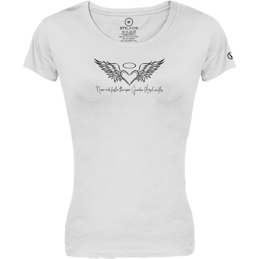 Ladies T-Shirt - Short Sleeve - Never Ride Faster than your Guardian Angel can Fly - White