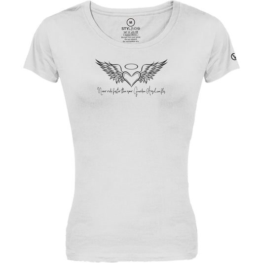 Biker T-Shirt - Ladies - Short Sleeve - Never Ride Faster than your Guardian Angel can Fly - White