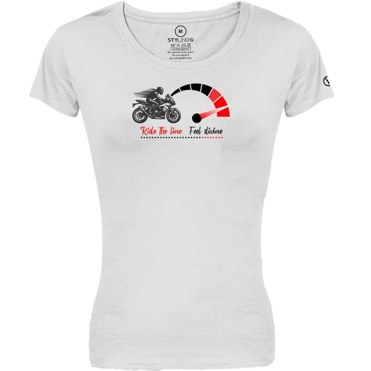 Biker T-Shirt - Ladies - Short Sleeve - Ride The Line - White