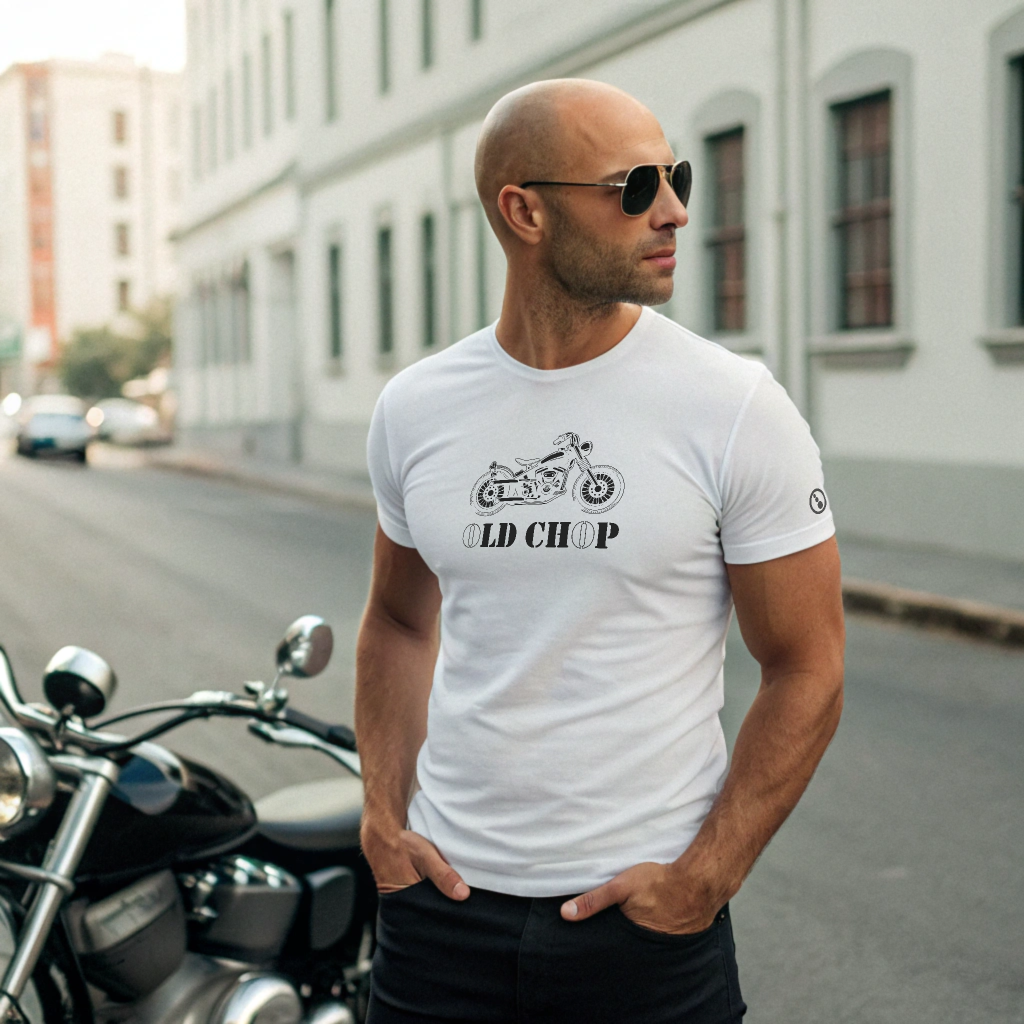 Biker T-Shirt - Mens - Short Sleeve - Old Chop - White