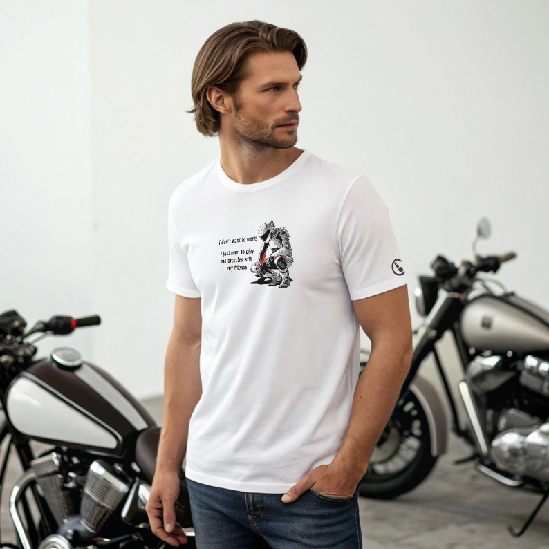 Biker T-Shirt - Mens - Short Sleeve - Don't Want To Work - White