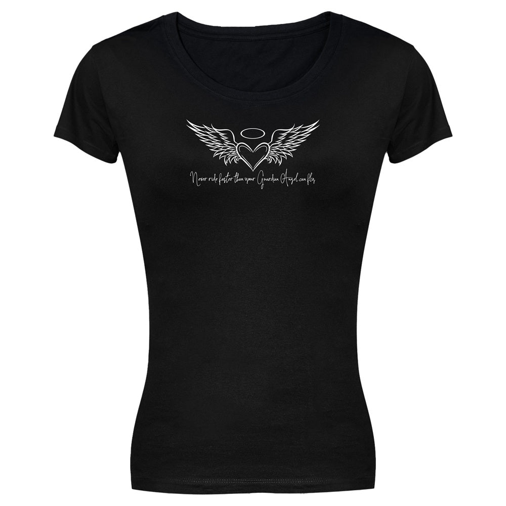 Ladies T-Shirt - Short Sleeve - Never Ride Faster than your Guardian Angel can Fly - Black