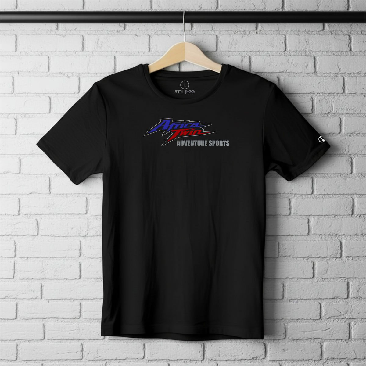 Black Stylingo T-shirt featuring the Africa Twin Adventure motorcycle-inspired graphic design.