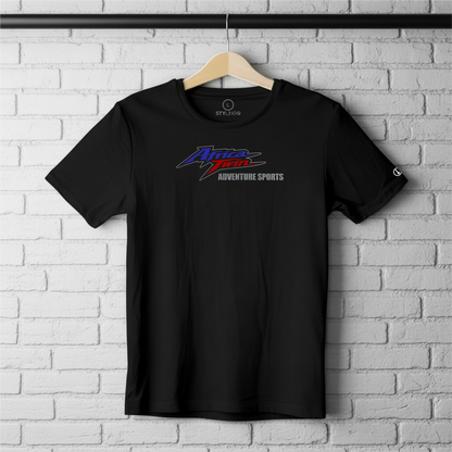 Black Stylingo T-shirt featuring the Africa Twin Adventure motorcycle-inspired graphic design.