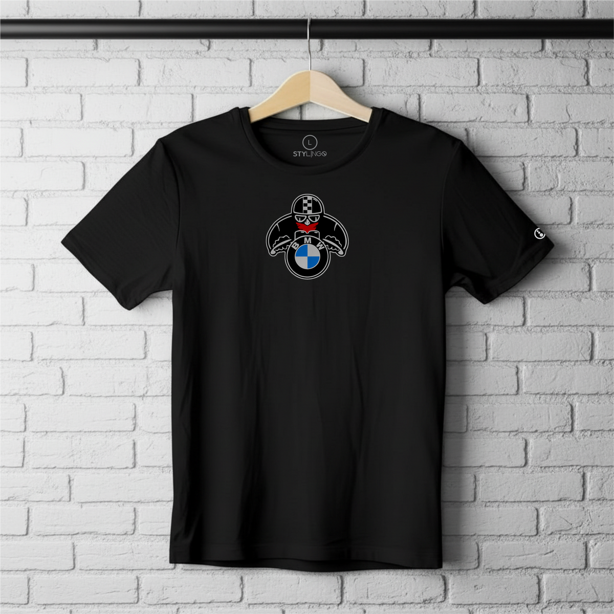 Black Stylingo T-shirt featuring the Cafe Racer motorcycle graphic design.
