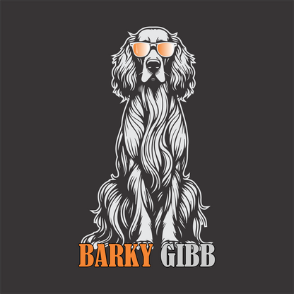Barky Gibb T-shirt artwork featuring a playful dog-inspired graphic design.