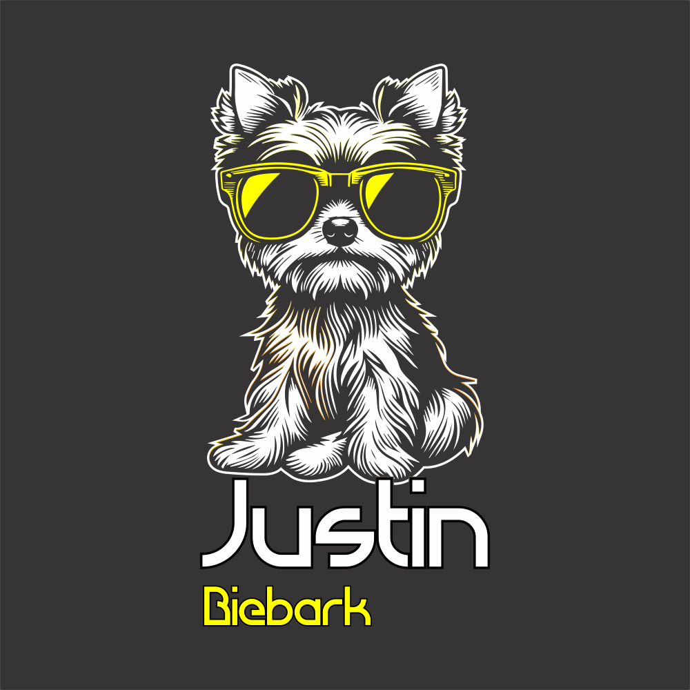 Black Stylingo T-shirt featuring a small dog wearing yellow sunglasses with the Justin Biebark graphic design.