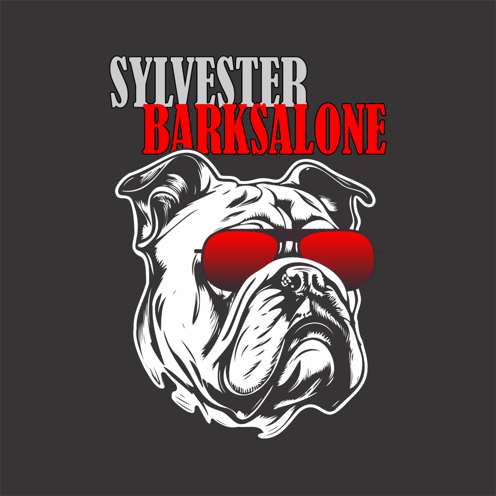 Sylvester Barksalone T-shirt artwork featuring a bulldog wearing red sunglasses with bold red and white typography.
