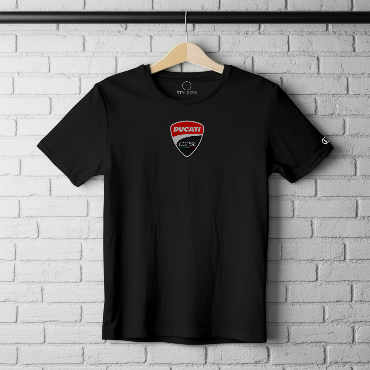 Black Stylingo T-shirt featuring the Ducati Corse motorcycle-inspired graphic design.