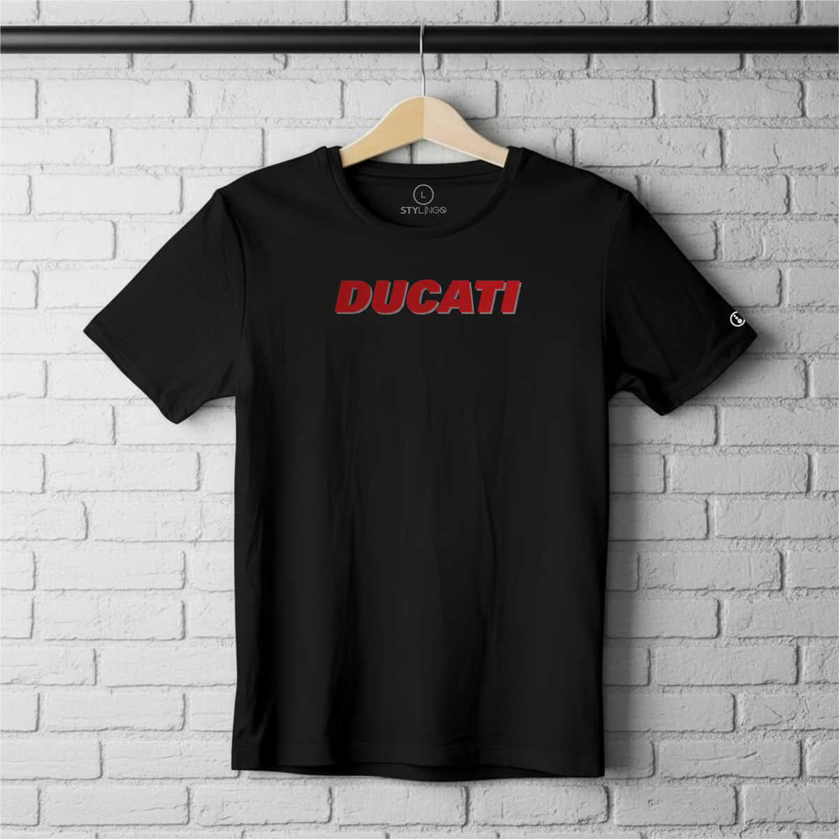 Black Stylingo T-shirt featuring the Ducati Red motorcycle-inspired graphic design.