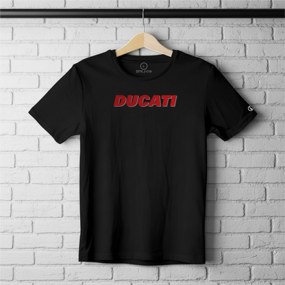 Black Stylingo T-shirt featuring the Ducati Red motorcycle-inspired graphic design.