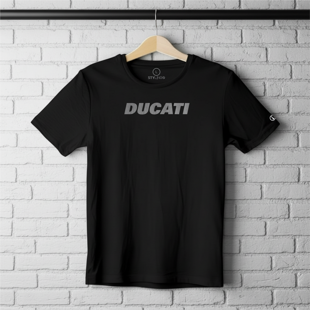 Black Stylingo T-shirt featuring the Ducati Silver motorcycle-inspired graphic design.