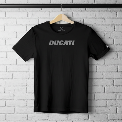 Black Stylingo T-shirt featuring the Ducati Silver motorcycle-inspired graphic design.