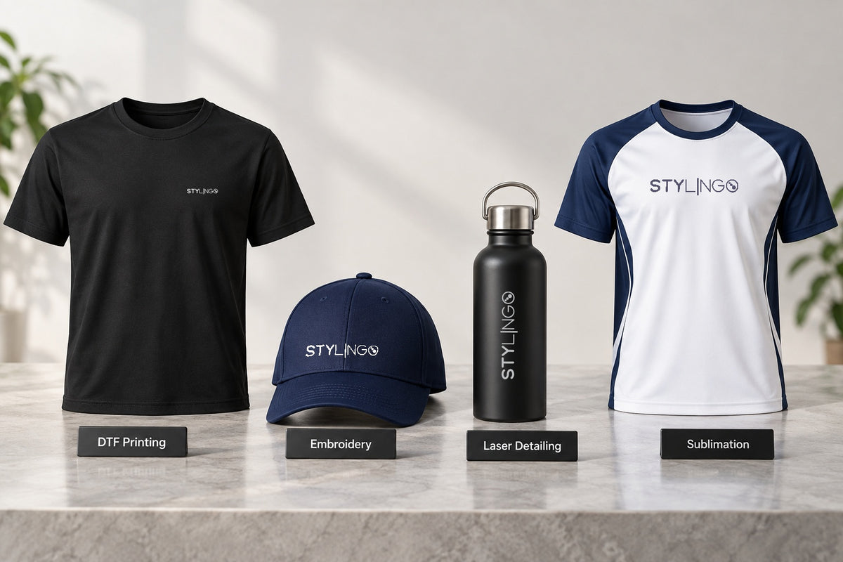 Stylingo branding options mockup showing DTF printing, embroidery, laser detailing and sublimation on promotional products