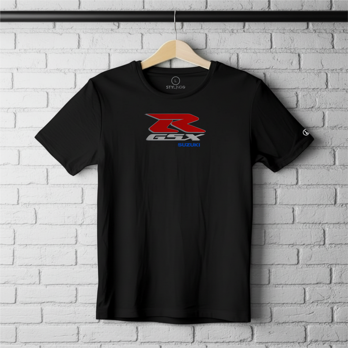 Black Stylingo T-shirt featuring the GSX-R Suzuki motorcycle-inspired graphic design.