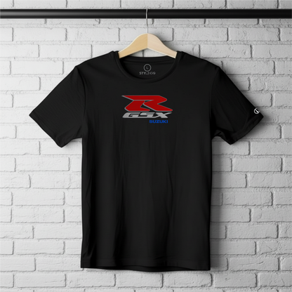 Black Stylingo T-shirt featuring the GSX-R Suzuki motorcycle-inspired graphic design.