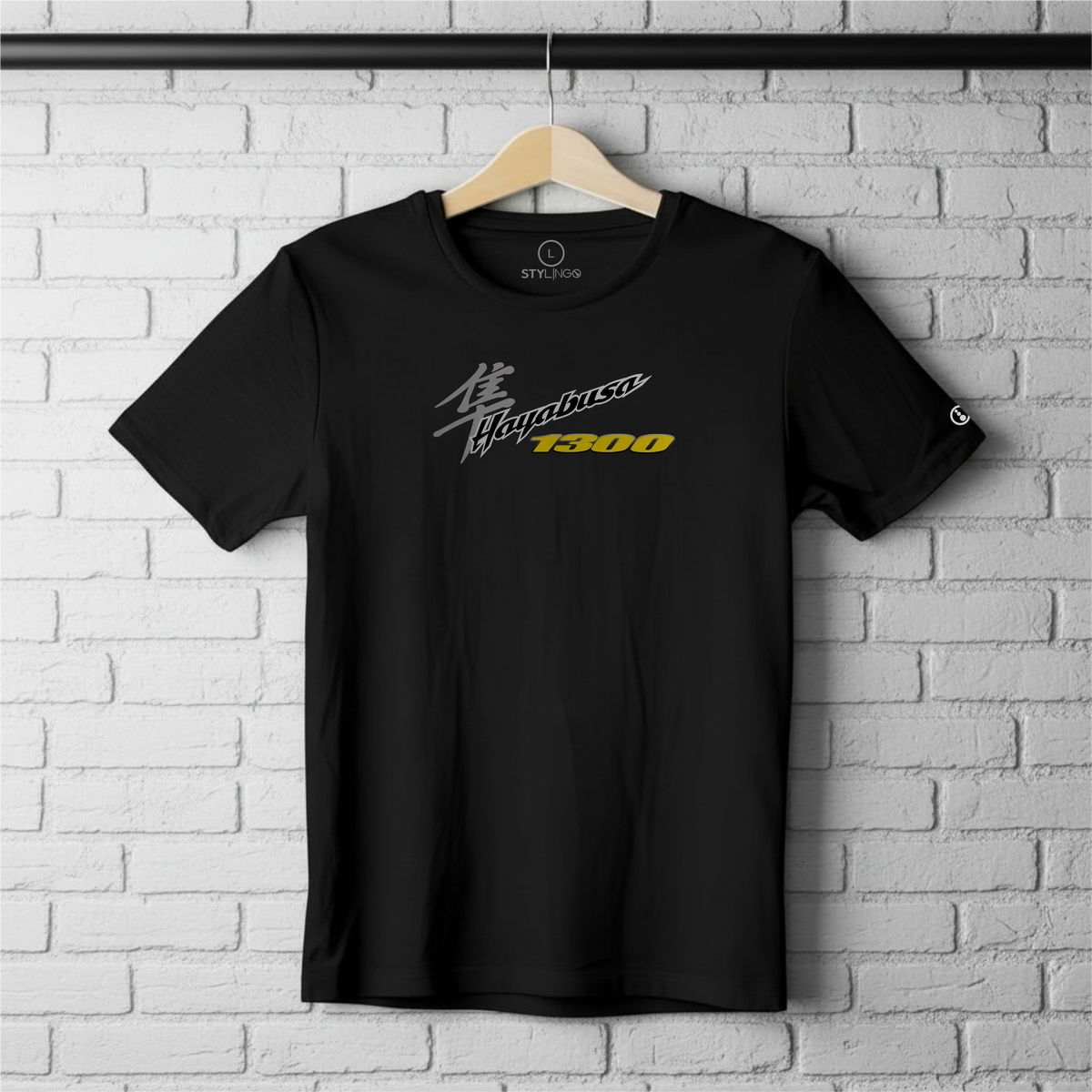 Black Stylingo T-shirt featuring the Hayabusa 1300 motorcycle-inspired graphic design.