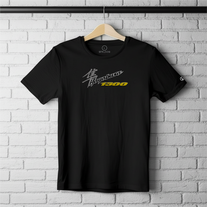 Black Stylingo T-shirt featuring the Hayabusa 1300 motorcycle-inspired graphic design.