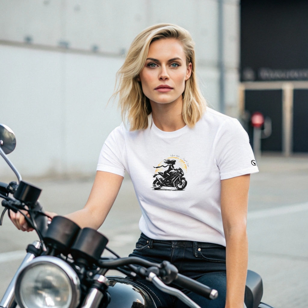 Ladies T-Shirt - Short Sleeve - Biker Hair Don't Care - White