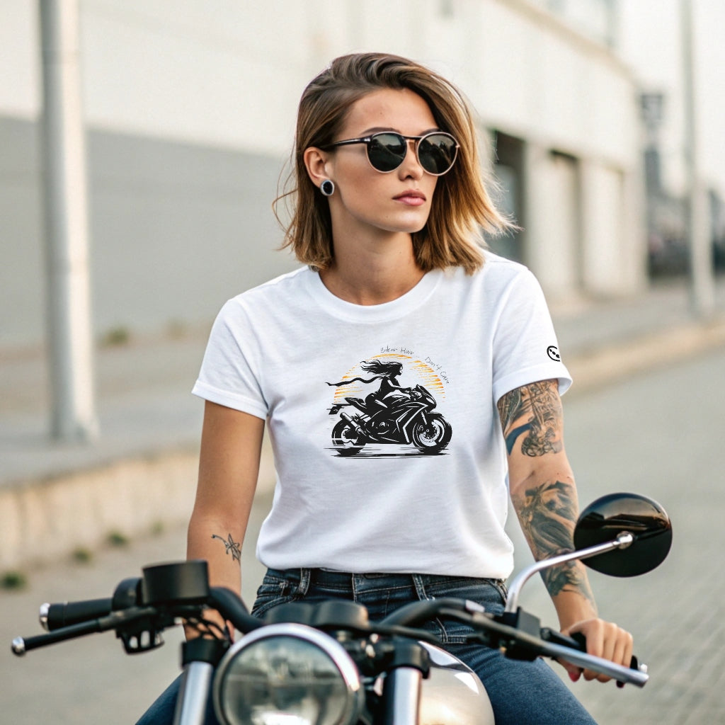 Ladies T-Shirt - Short Sleeve - Biker Hair Don't Care - White