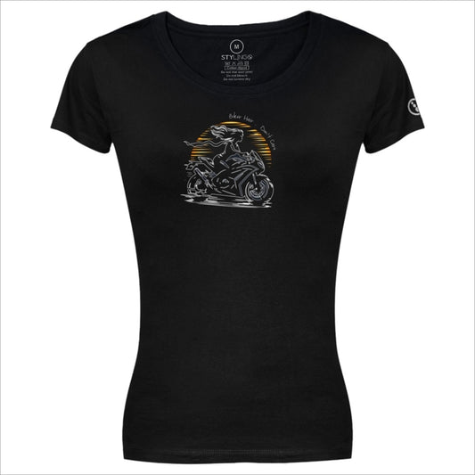 Ladies T-Shirt - Short Sleeve - Biker Hair Don't Care - Black