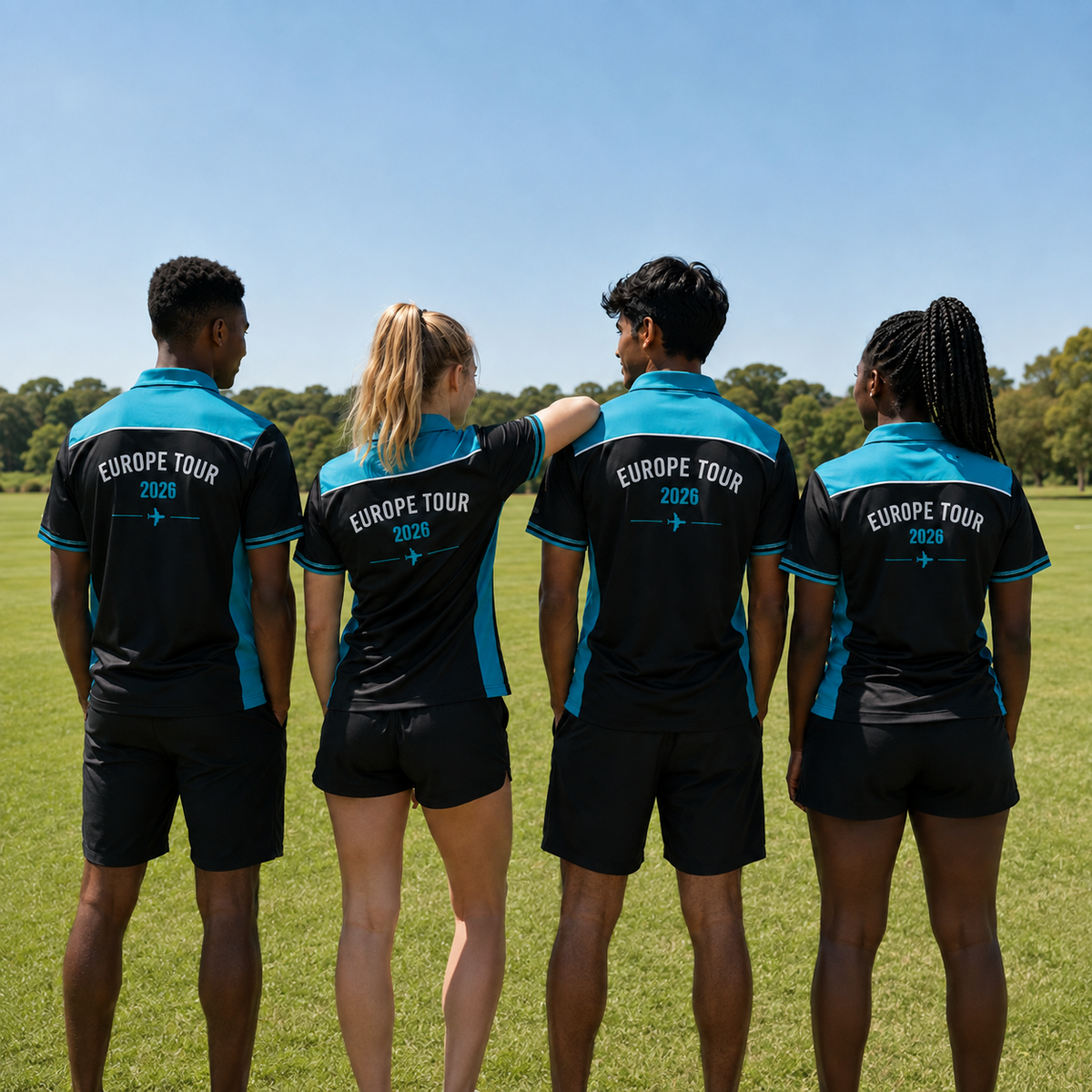 Newton House Europe Tour 2026 branded school travel shirts worn outdoors