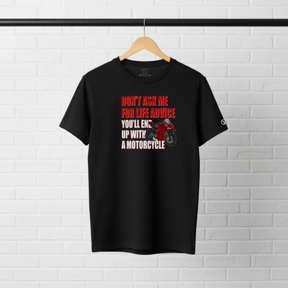 Stylingo T-shirt featuring the Life Advice motorcycle-inspired graphic design.