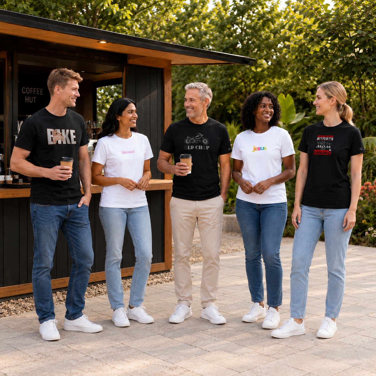 Group wearing original Stylingo T-shirt collections in an outdoor setting