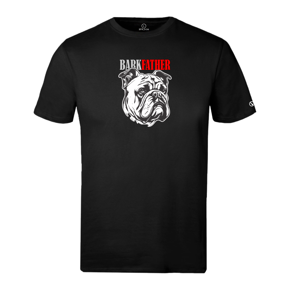 Black Stylingo T-shirt featuring the Barkfather dog-inspired graphic design.
