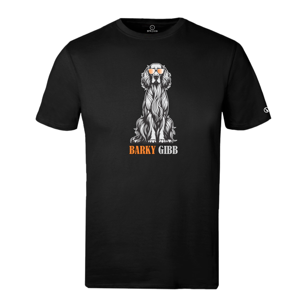 Black Stylingo T-shirt featuring the Barky Gibb dog-inspired graphic design.