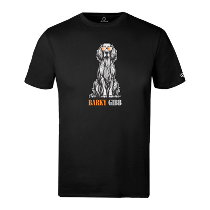 Black Stylingo T-shirt featuring the Barky Gibb dog-inspired graphic design.
