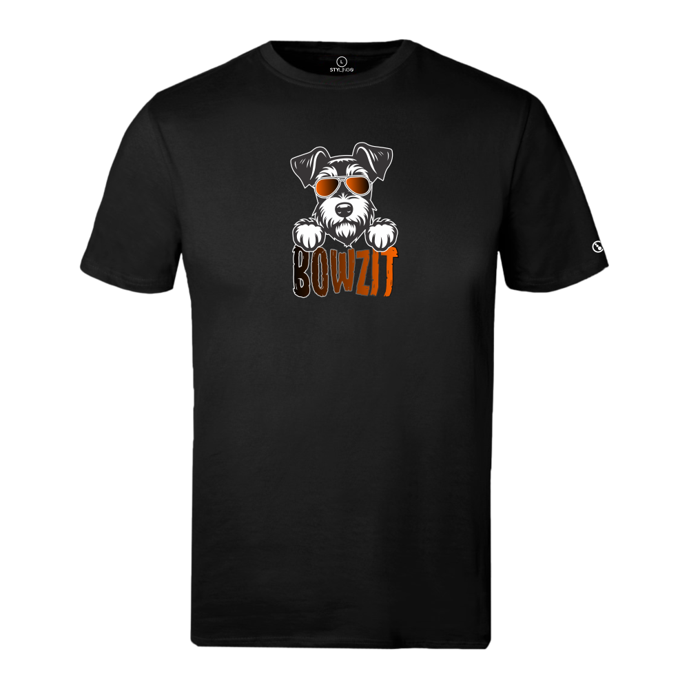 Black Stylingo T-shirt featuring the Bowzit dog-inspired graphic design.