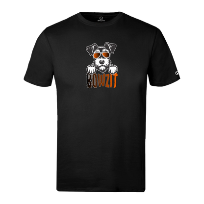 Black Stylingo T-shirt featuring the Bowzit dog-inspired graphic design.