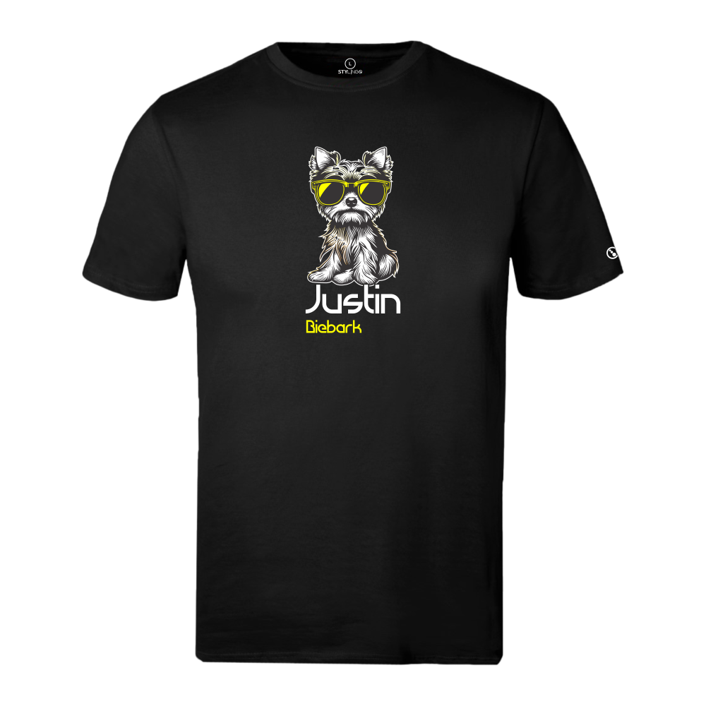 Black Stylingo T-shirt featuring a small dog wearing yellow sunglasses with the Justin Biebark graphic design.