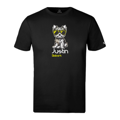 Black Stylingo T-shirt featuring a small dog wearing yellow sunglasses with the Justin Biebark graphic design.