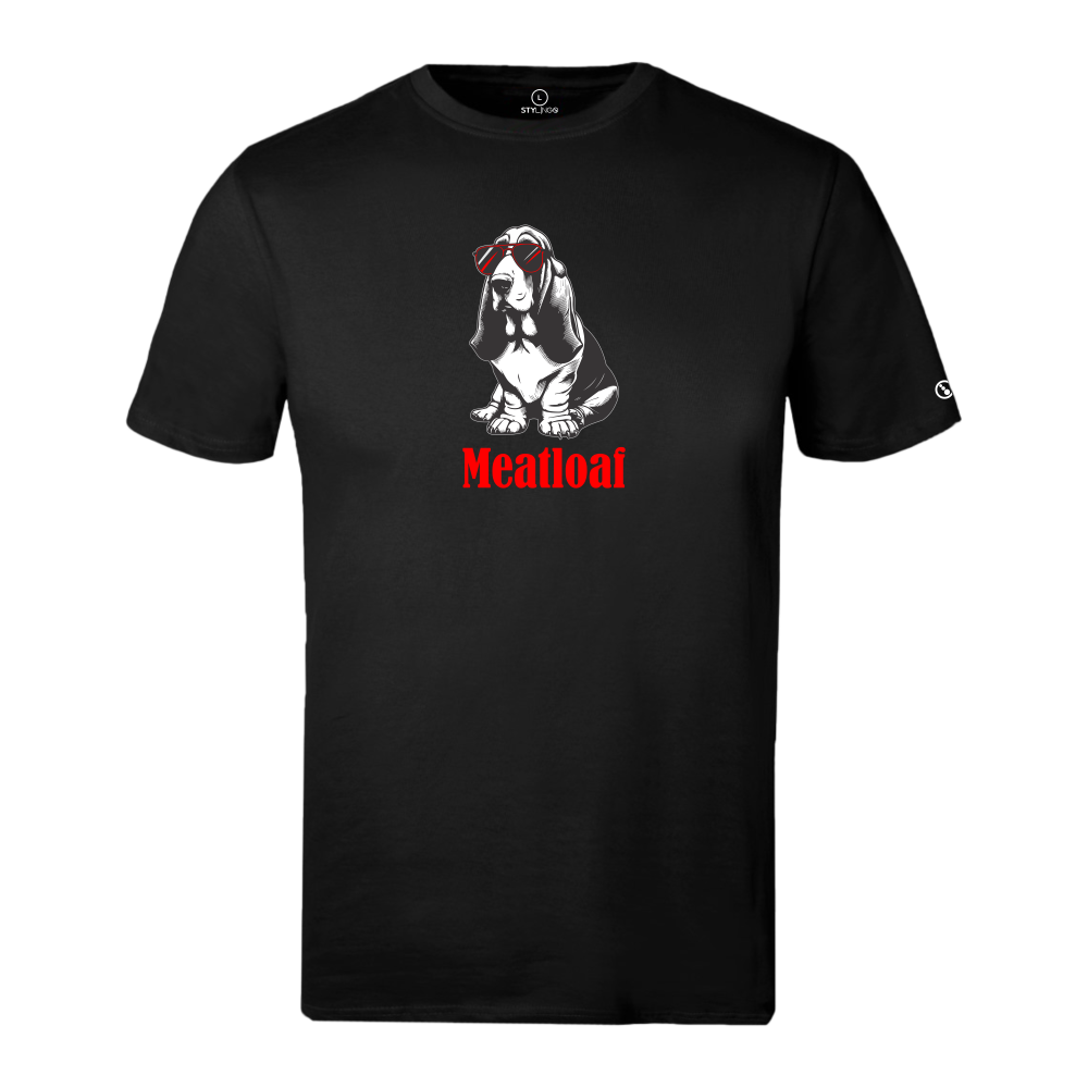 Black Stylingo T-shirt featuring a black and white basset hound wearing red sunglasses with the Meatloaf graphic design.
