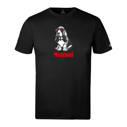 Black Stylingo T-shirt featuring a black and white basset hound wearing red sunglasses with the Meatloaf graphic design.