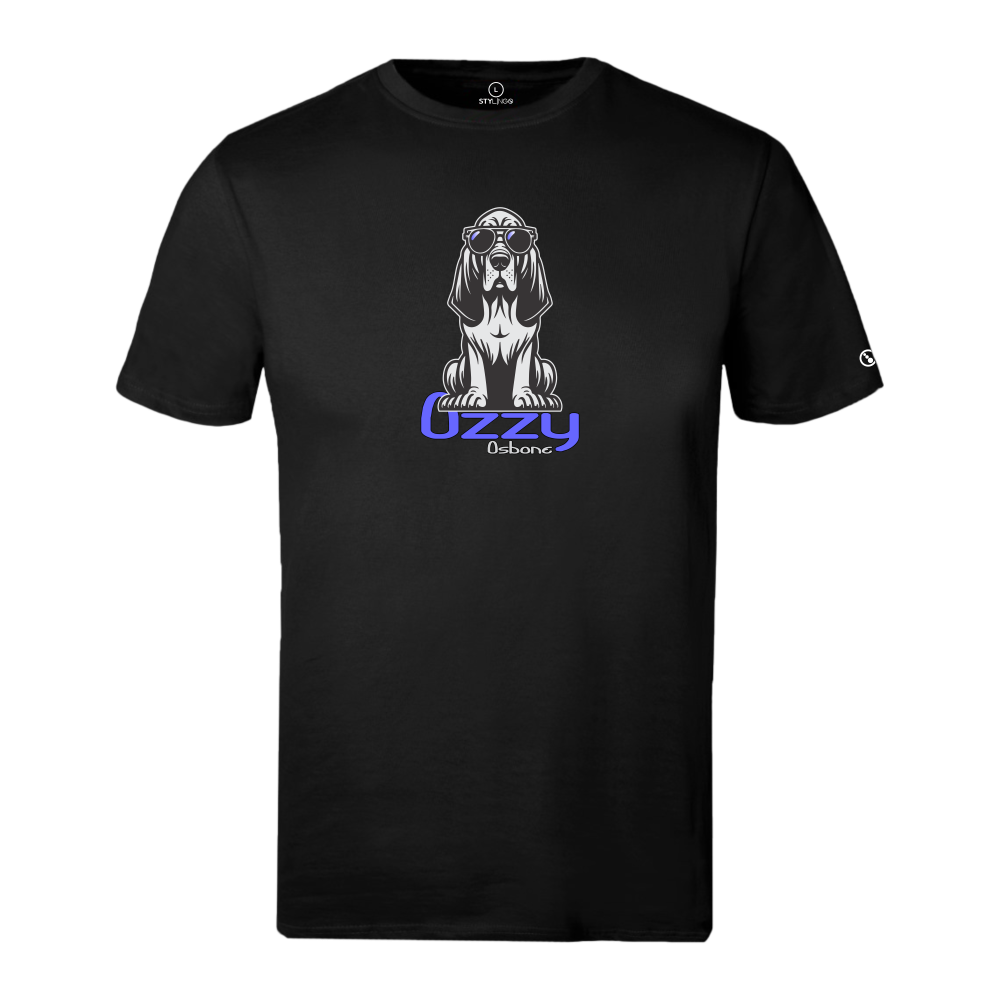 Black Stylingo T-shirt featuring the Ozzy Osbone dog-inspired graphic design.