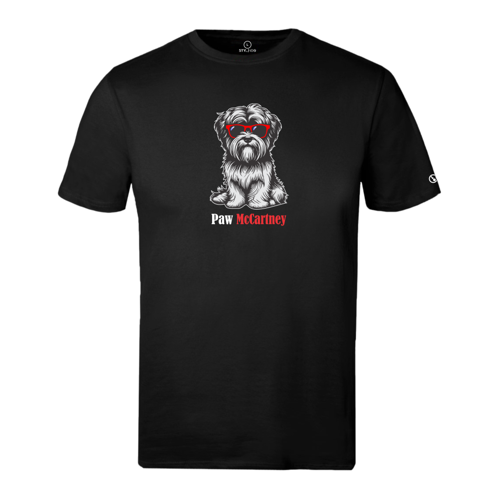 Black Stylingo T-shirt featuring the Paw McCartney dog-inspired graphic design.