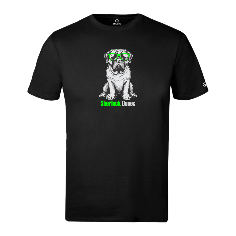 Black Stylingo T-shirt featuring a bulldog wearing bright green sunglasses and a Sherlock Bones graphic.