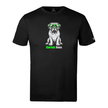 Black Stylingo T-shirt featuring a bulldog wearing bright green sunglasses and a Sherlock Bones graphic.