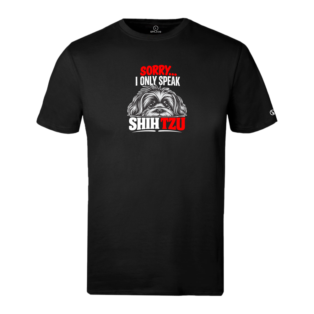 Black Stylingo T-shirt featuring the I Only Speak Shihtzu dog-inspired graphic design.
