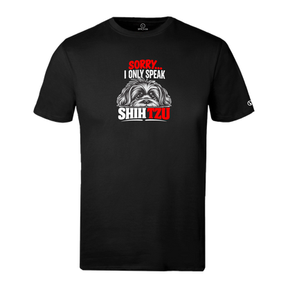 Black Stylingo T-shirt featuring the I Only Speak Shihtzu dog-inspired graphic design.