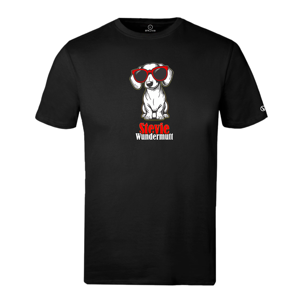 Black Stylingo T-shirt featuring the Stevie Wundermutt dog-inspired graphic design.