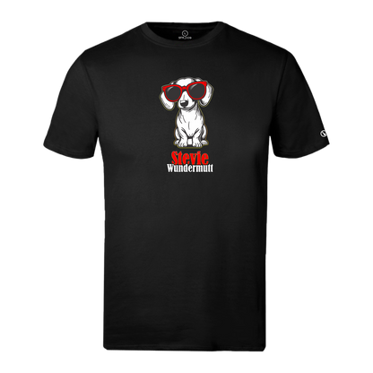 Black Stylingo T-shirt featuring the Stevie Wundermutt dog-inspired graphic design.