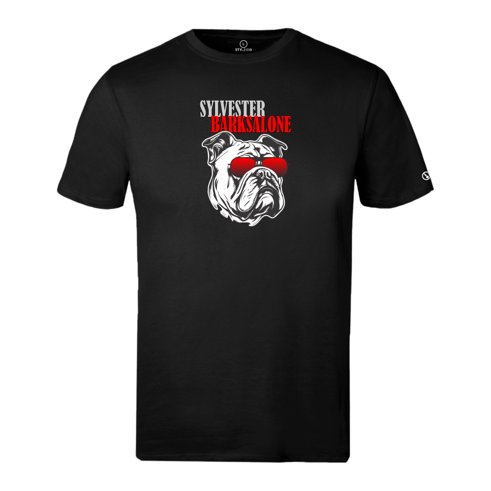 Black Stylingo T-shirt featuring a white bulldog wearing red sunglasses with the Sylvester Barksalone graphic design.