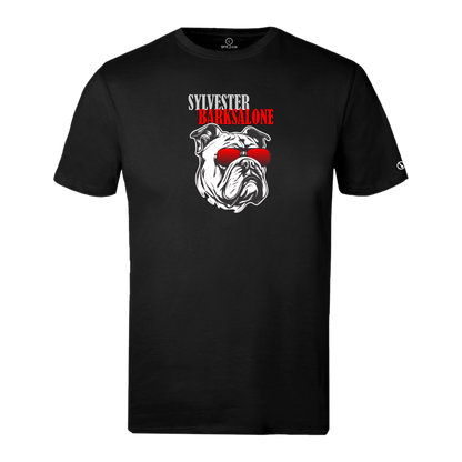 Black Stylingo T-shirt featuring a white bulldog wearing red sunglasses with the Sylvester Barksalone graphic design.