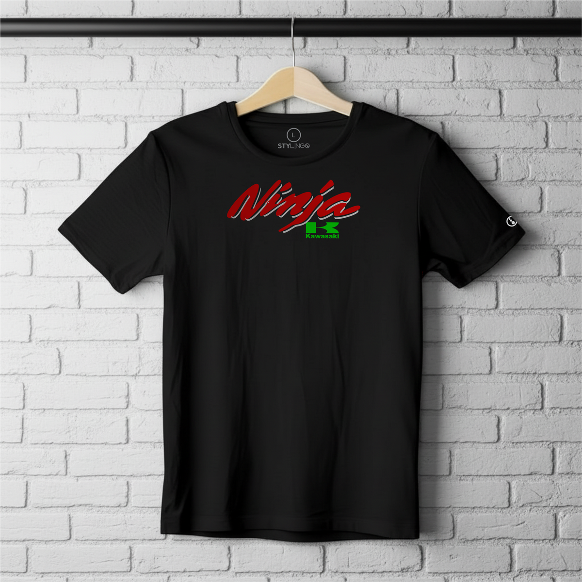 Black Stylingo T-shirt featuring the Ninja Kawasaki motorcycle-inspired graphic design.